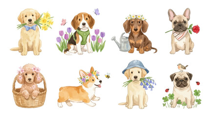 Fototapeta premium Cute festive spring animals. Collection of watercolor spring dogs with flowers, basket, blossoms. Vector illustrations. Perfect for invitation, card, poster, banner, decoration