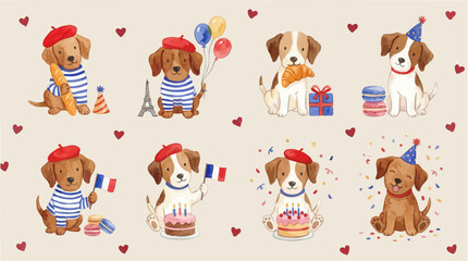 Fototapeta premium Collection of Vector illustrations. Cute watercolor dog set: French berets, balloons, cakes & hearts. Collection of Vector illustrations. Perfect for invitation, card, poster, banner, decoration
