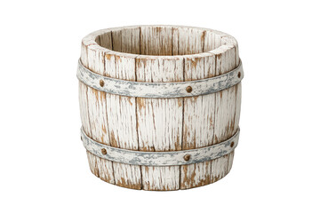 Fototapeta premium Weathered white wooden barrel with metal bands. It is a rustic planter or storage container. The background is transparent