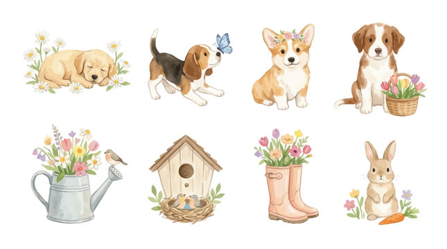 Cute and joyful collection of Vector illustrations. Perfect for invitation, card, poster, banner, decoration. Watercolor festive spring animal set: dogs, bunny, flowers, garden clipart. 