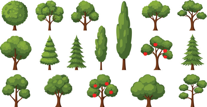 Flat cartoon tree set garden and forest trees vector collection