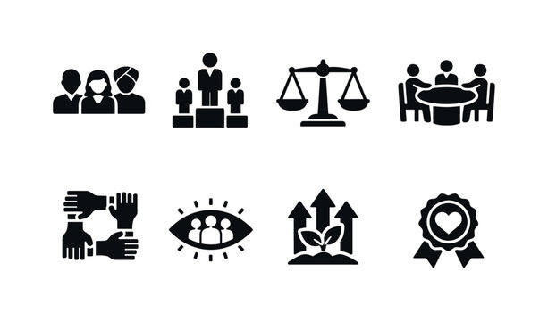 Diversity in leadership. Filled icon set of Diversity in leadership: diverse leaders group, leadership podium,