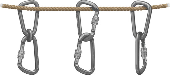 Steel industrial carabiners on rope vector set isolated on white