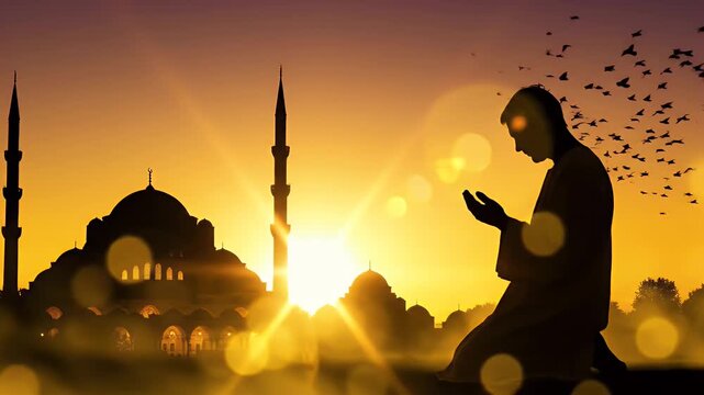 A silhouette of a man praying in front of a mosque at sunset, with birds flying.