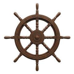 A close-up view of a large, intricately carved wooden ship's steering wheel isolated on transparent background