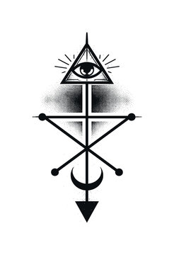 A stark esoteric sigil reduced to intersecting lines and simple shapes, poster-like