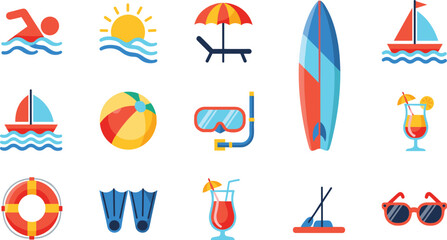 Summer Beach and Water Sport Icon Set with Surfboard, Sailboat, Snorkeling Mask, Cocktail, Sunbed, Lifebuoy, and Swimming Elements Vector Collection. © MstSuborna
