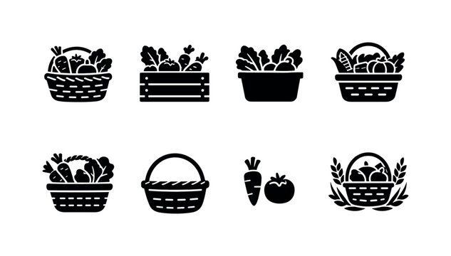 Organic Basket Icons. Organic produce basket outline collection. Filled icon set of Organic produce basket