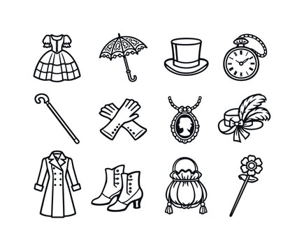 Victorian fashion illustration. Line outline icon set of Victorian fashion illustration: crinoline dress, lace