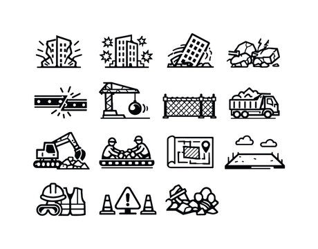 Building demolition. Line outline icon set of Building demolition: implosion sequence, controlled explosion