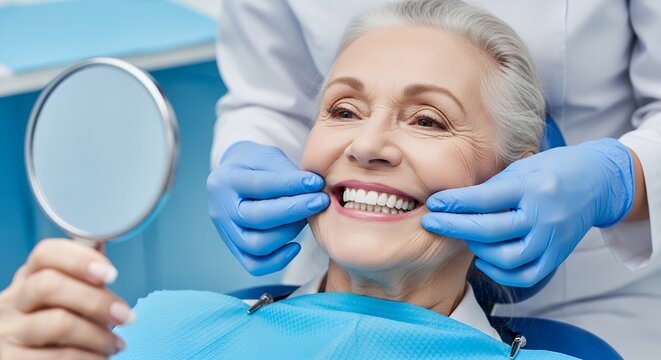 Dentist examining senior woman's teeth with mirror in modern clinic