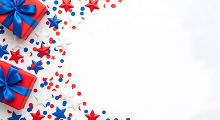 Obraz premium Memorial day celebration background with patriotic red gifts and blue ribbons