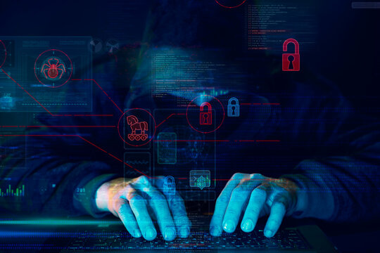Hacker Typing on Laptop with Trojan and Malware Security Overlay. Concept of cyberattack, data breach, ransomware encryption and online extortion.
