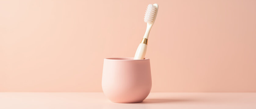 Toothbrush cup bathroom hygiene pink minimal clean morning healthy soft