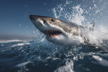 Naklejka premium Great white shark lunging out of ocean water with splashes and open mouth showing sharp teeth in natural marine environment
