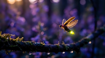 Naklejka premium Glowing firefly with illuminated abdomen resting on moss-covered branch in magical purple twilight forest creating enchanting bioluminescent scene.