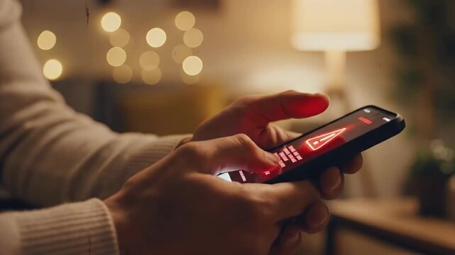 Close-up of a person holding a smartphone displaying an error message suggesting technical difficulties or system failure in a dimly lit room