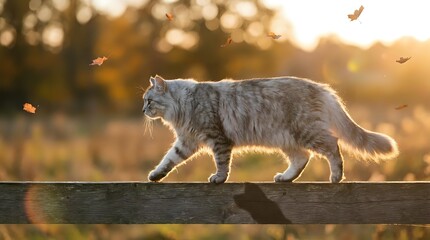 Obraz premium Fluffy gray tabby cat walking on wooden fence during golden hour sunset with warm bokeh lights and floating autumn leaves in background.