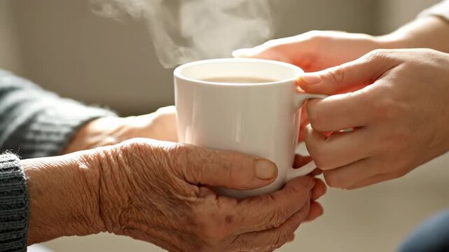 Close up of elderly hands receiving a hot mug of tea from a caregiver. Senior care and support concept. Intergenerational kindness and assistance