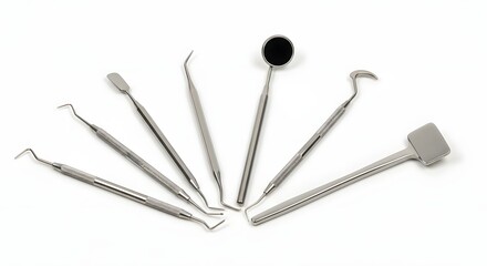 Set of nine dental explorer tools with varied shaped tips and handle ends on white background metal tools