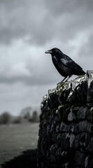 Obraz premium Black raven perched on ancient stone wall against dramatic cloudy sky. Dark atmospheric bird photography for gothic and nature themes.