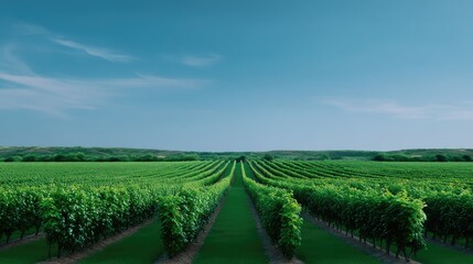 Naklejka premium Lush Green Vineyard Rows Under Clear Blue Sky with Gentle Clouds and Expansive Landscape Stretching into Horizon for Agriculture and Nature Themes