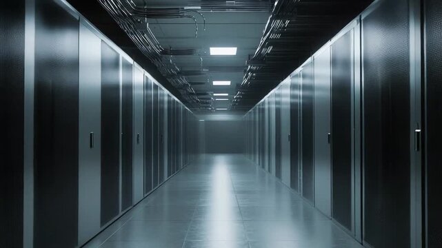 Long server room corridor lined with closed racks on both sides, overhead cables and dim lights converging to a vanishing point, evoking secure, high density data infrastructure