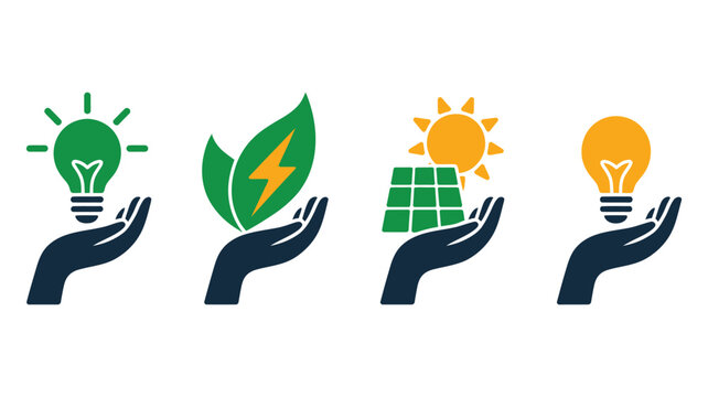 Save energy green power icon set, vector illustrations representing renewable energy, sustainable living, Eco-friendly technology, electricity conservation, environmental awareness, and digital 
