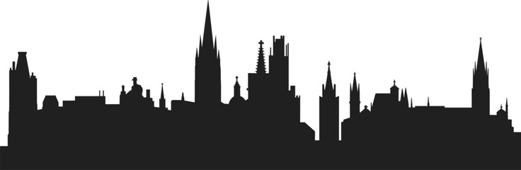 Black silhouette of old European city skyline with gothic cathedrals church spires and historic architecture isolated on a white 