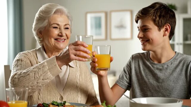 Grandmother and grandson toasting with orange juice during breakfast. Happy family connection and healthy lifestyle at home. Multi-generational bonding