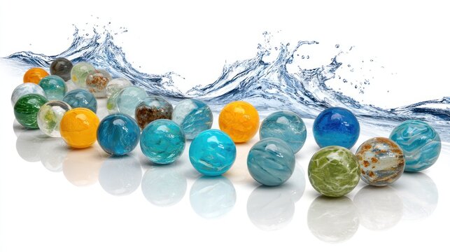 Colorful glass marbles with water splash isolated on white background