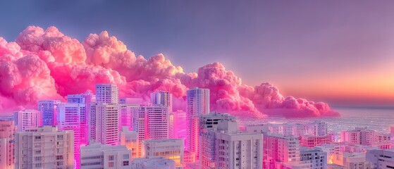 Dreamy Pink Cloudscape Over Coastal City Skyline At Sunset &mdash; Surreal Pastel Urban Landscape