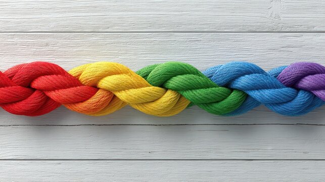 Colorful rope arranged in a wavy pattern against a wood grain background