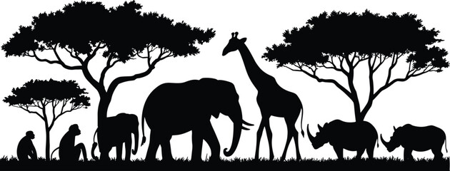 Black silhouettes of African safari animals including elephants, giraffe, rhinos, and monkeys under acacia trees, savanna landscape, isolated vector (20 words) © Kamrul