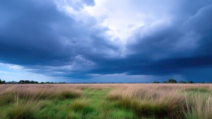 Obraz premium Dramatic Sky Over Open Field with Dark Storm Clouds and Lush Green Grass in the Foreground Creating a Tense Atmospheric Scene
