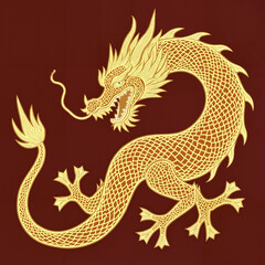 Obraz premium Golden dragon illustration on a red background with fierce expression 