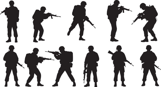 Silhouettes of soldiers in various combat positions and stances