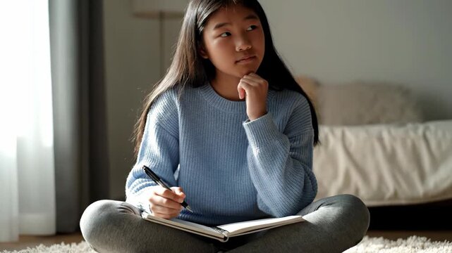 Young Asian girl writing in a notebook while sitting on the floor at home. Thoughtful student studying and journaling in a sunlit room. Education and creativity concept