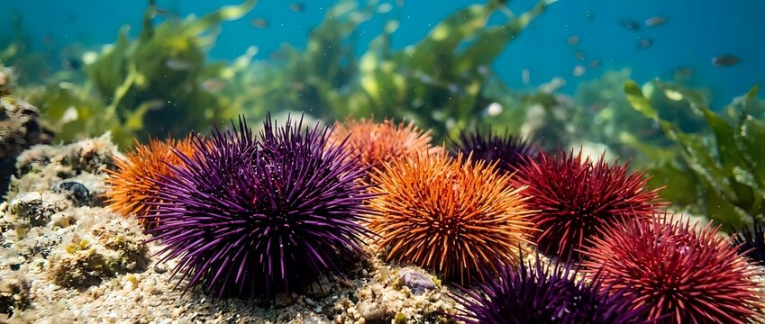 Colorful sea urchins on coral reef with marine algae in tropical underwater ecosystem. Spiny echinoderms display vibrant purple, orange, red hues in ocean habitat.