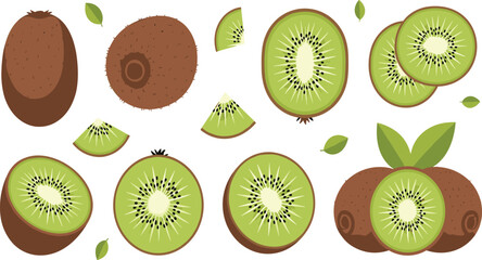 Fototapeta premium Fresh Kiwi Fruit Whole and Sliced with Green Leaves Tropical Organic Food Vector Illustration Set for Healthy Diet and Juice Design.