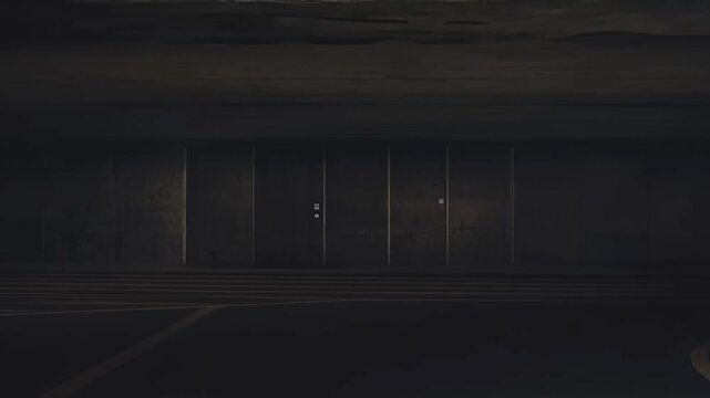 Concrete tunnel extending into the distance, illuminated by bright fluorescent lights on the ceiling, creating a strong sense of depth and a vanishing point