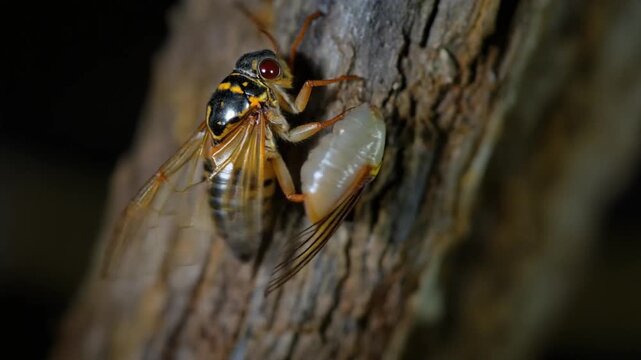 A wasp with a stinger attached to a tree bark, showcasing its yellow and black body with red eyes. Perfect for wildlife, insects, and nature documentaries.