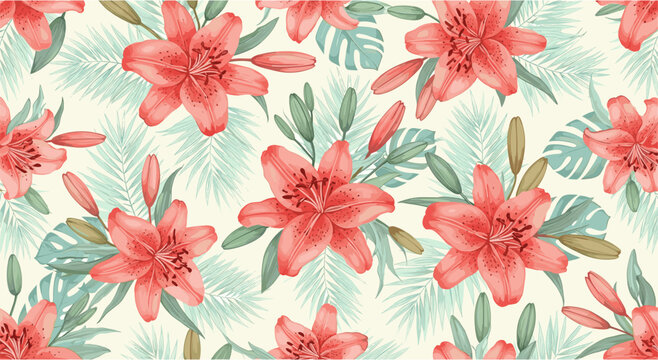 Vibrant tropical floral pattern with coral lillies and greenery on cream background