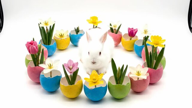 White rabbit sitting in circle of eggshell flower vases. Cute bunny surrounded by colorful spring blooms in eggs. Creative Easter decoration