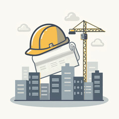 Construction Hard Hat and Blueprint Buildings.