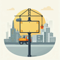 Construction Billboard Sign with Crane and Truck.