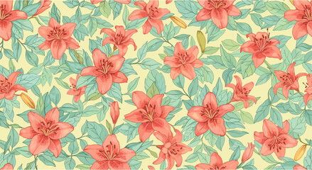 Obraz premium Seamless pattern of hand drawn red lilies and green foliage on light background