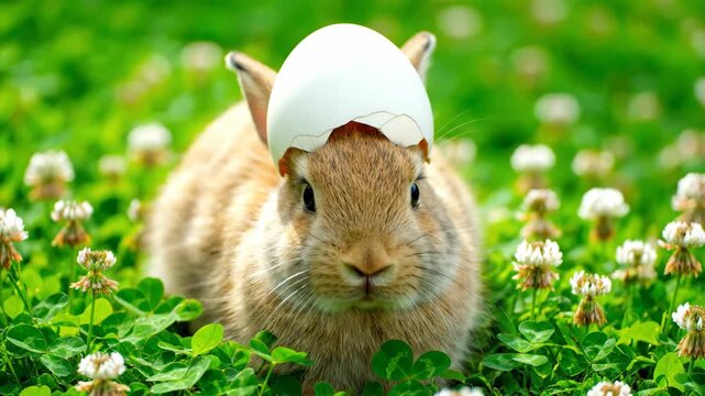 Funny brown rabbit with a broken eggshell on its head in a clover field. Cute bunny hatching concept for Easter
