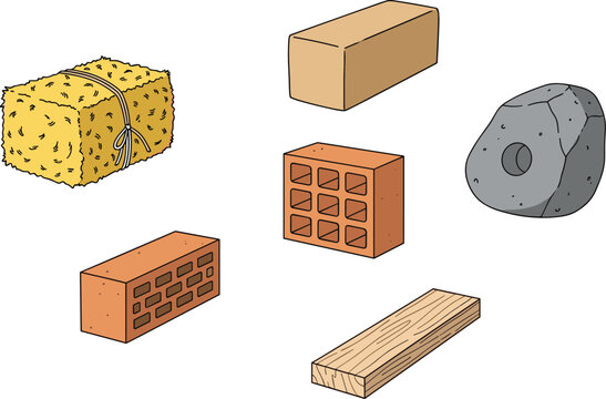 Construction material illustration set hay bale brick stone wood plank cement block building supplies isolated vector industrial architecture design