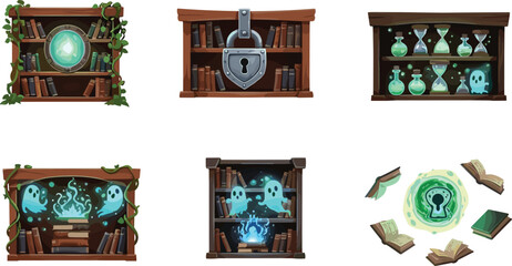 Fantasy magic library illustration set, enchanted bookshelves with potions ghosts spellbooks mystical elements, cartoon wizard study concept isolated design © LatifunNahar